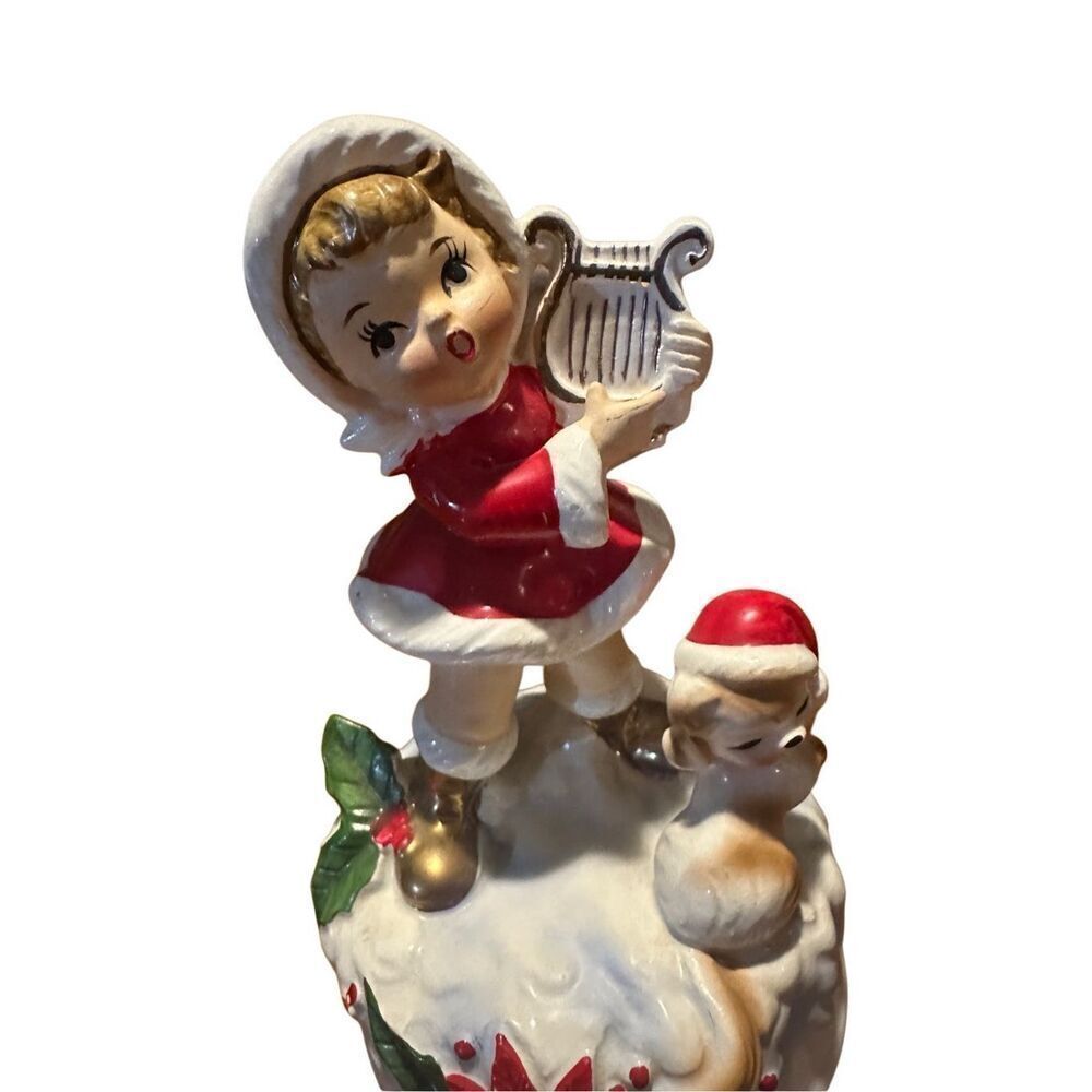Vintage Lefton Ceramic Christmas Music Box Pixie Girl With Harp & Dog 6.5” Retro